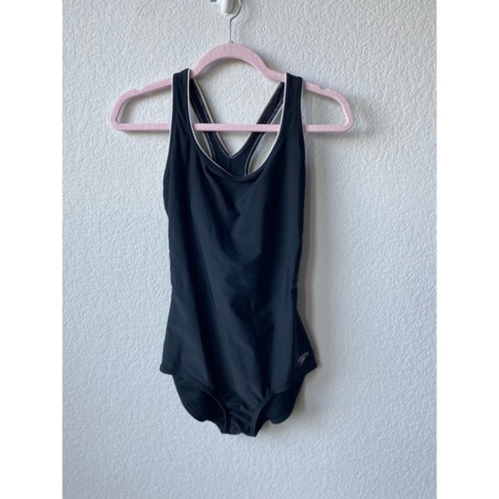 Speedo Women Contrast Trim Y-Back One Piece Swimsuit Size M Black Athletic